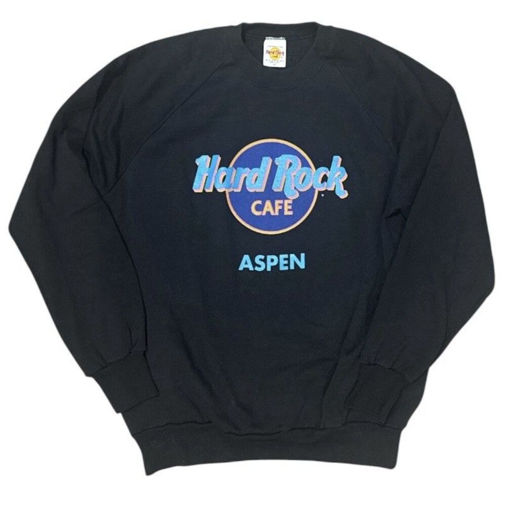 Vintage 90s Hard Rock Cafe Aspen Crewneck Sweatshirt Black XL USA Colorado Retro